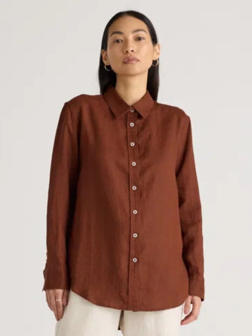 QUINCE 100% European linen long sleeve shirt in chocolate (M)